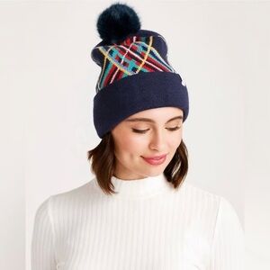 Vera Bradley Tartan Plaid Knit Beanie with Pom Pom